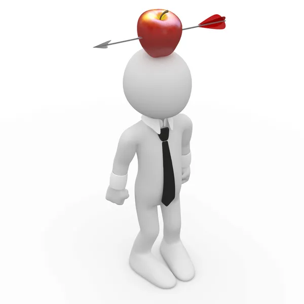 Frightened man with a red apple on the head with an arrow — Stock Photo, Image