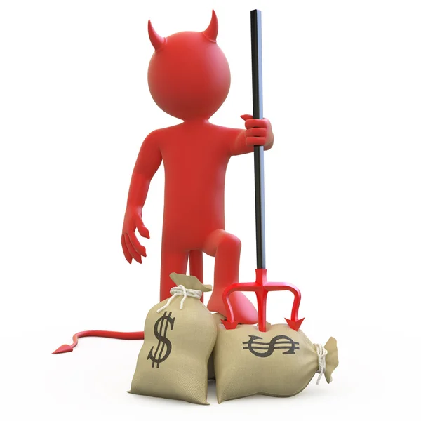Devil with his trident stuck in sack of dollars — Stock Photo, Image