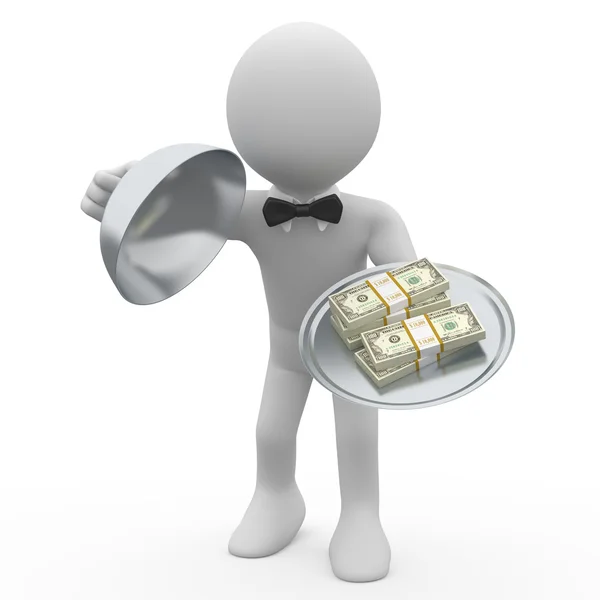 Waiter serving tray five wads of dollars — Stock Photo, Image