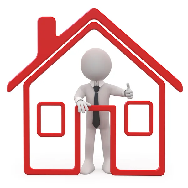 Verkoper van huizen met een schematische huis — Stockfoto