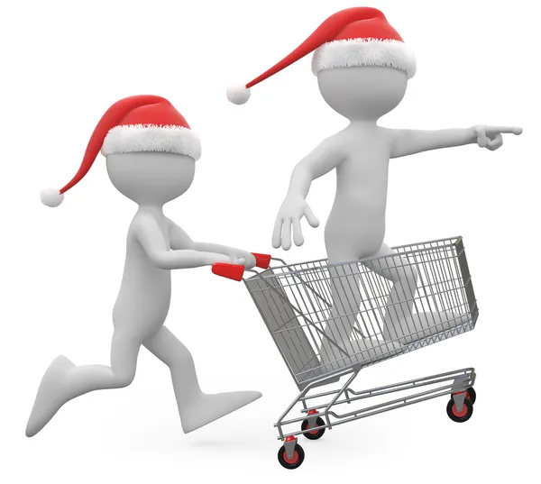 Uomo con cappello Babbo Natale spingendo un carrello della spesa con un uomo all'interno — Foto Stock
