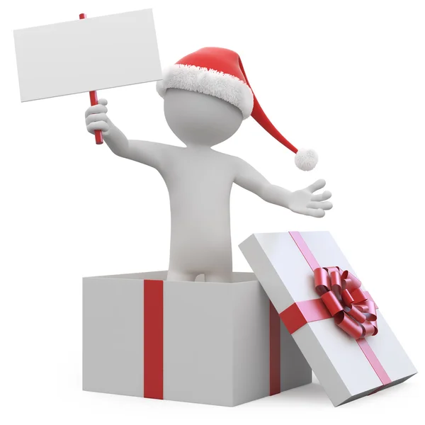 Homem com chapéu de Pai Natal e um cartão em branco deixando uma caixa de presente — Fotografia de Stock