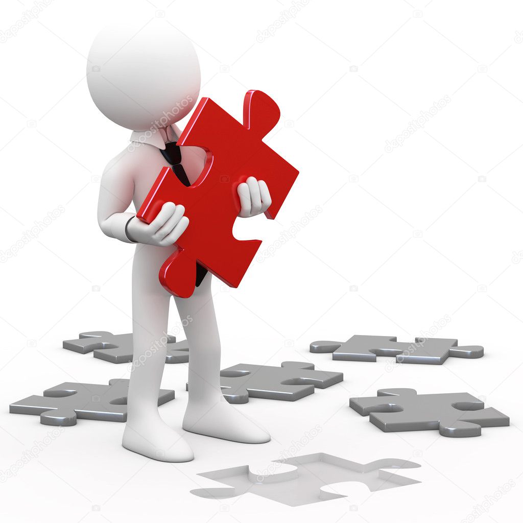 Man with a red puzzle piece in hand