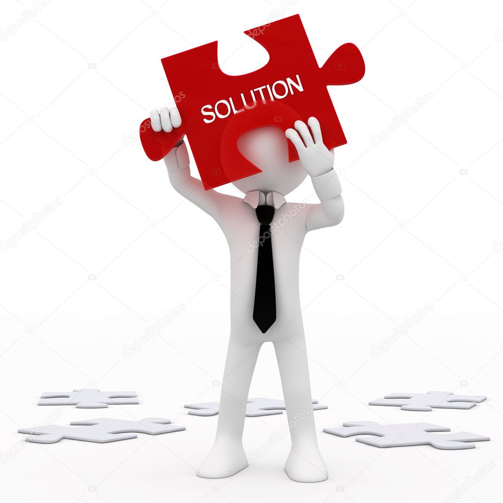 Man holding a red puzzle piece with the word, solution