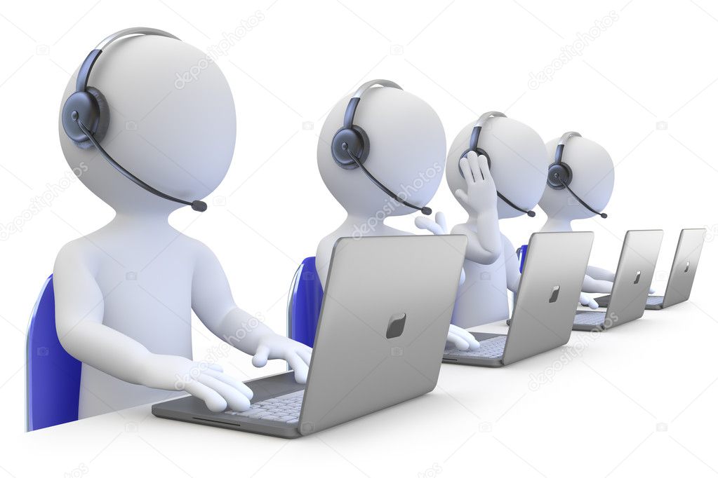 Employees working in a call center front view
