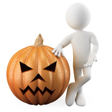 Man leaning on a huge Halloween pumpkin