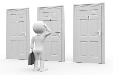 Man in front of three doors, doubtful clipart