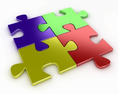 Four puzzle pieces of various colors, red, blue, yellow and green clipart