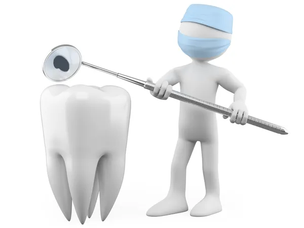 Zahnarzt zeigt einen Hohlraum mit Mundspiegel — Stockfoto