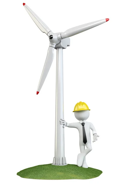 Homem apoiado numa turbina eólica — Fotografia de Stock