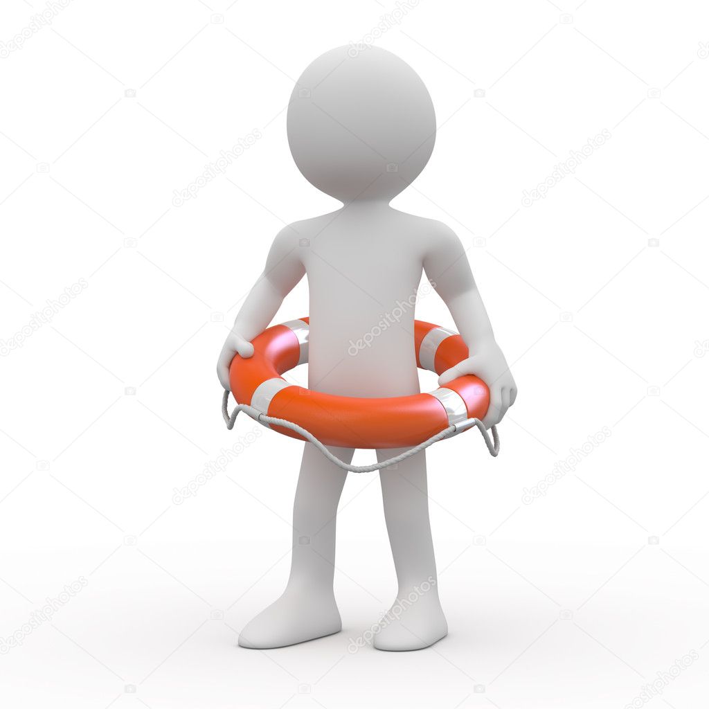 Man with an orange life preserver at the waist