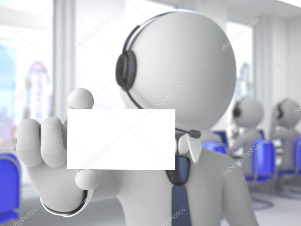 Call center operator with headphones and microphone showing a blank card