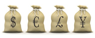 Bags of money with symbols of dollar, euro, pound and yen clipart