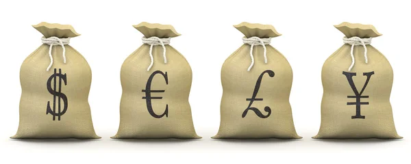 Bags of money with symbols of dollar, euro, pound and yen — Stock Photo, Image