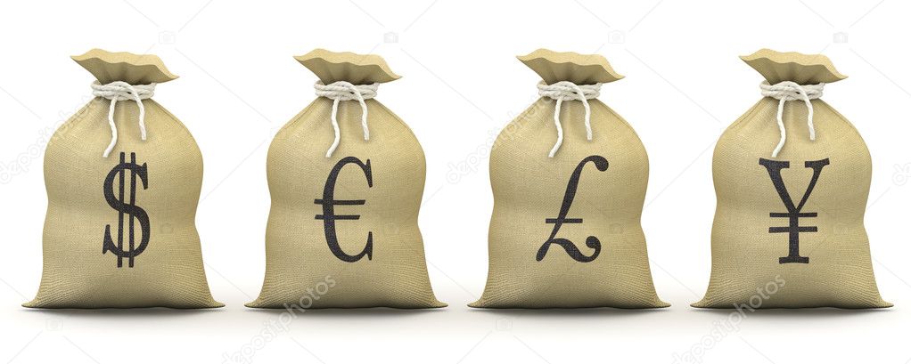 Bags of money with symbols of dollar, euro, pound and yen