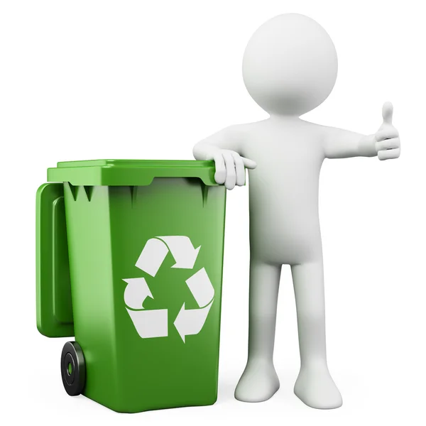 3D person showing a green bin for recycling — Stock Photo, Image