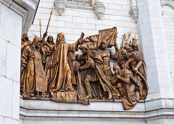 stock image Fragment of the wall of the church with a sculpture