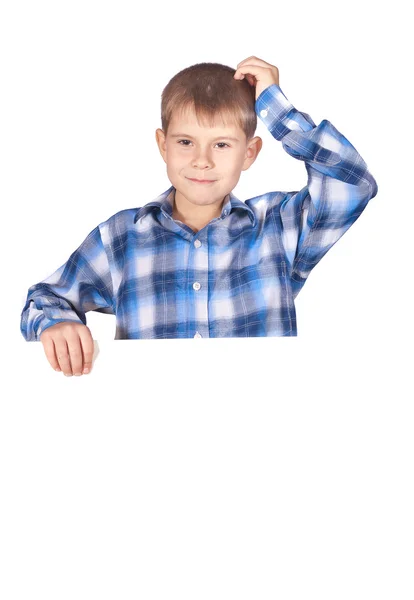 Pojke med en vit banderoll — Stockfoto