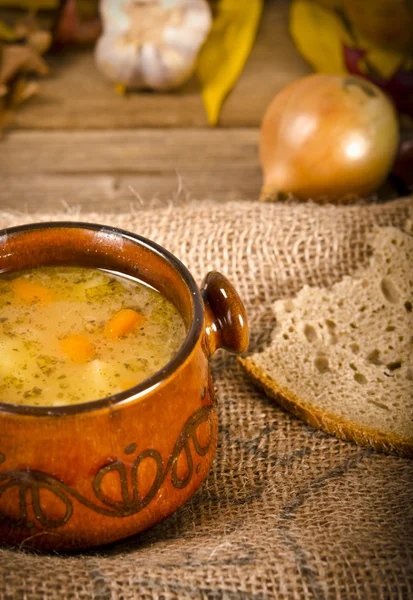 stock image Pea soup (Polish Grochowka) with smoked meat chicken breast