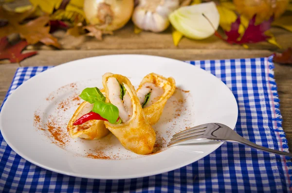 Pancakes with chicken breast — Stock Photo, Image