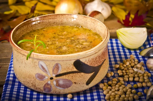 Stock image Pea soup (Polish Grochowka) with smoked meat chicken breast