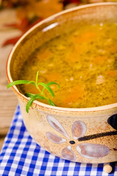 Stock image Pea soup (Polish Grochowka) with smoked meat chicken breast