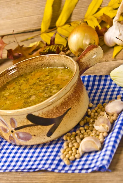 stock image Pea soup (Polish Grochowka) with smoked meat chicken breast