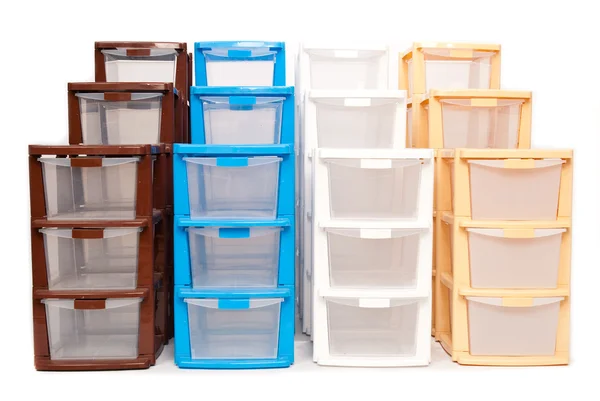 Caixa de plástico de armazenamento em fundo branco isolado — Fotografia de Stock
