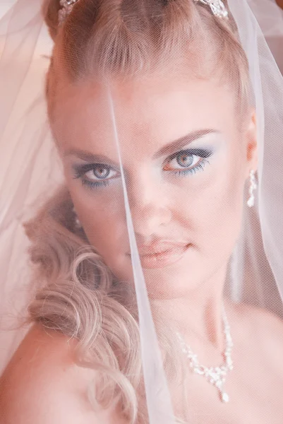 Olhar de uma bela jovem noiva sob o véu — Fotografia de Stock