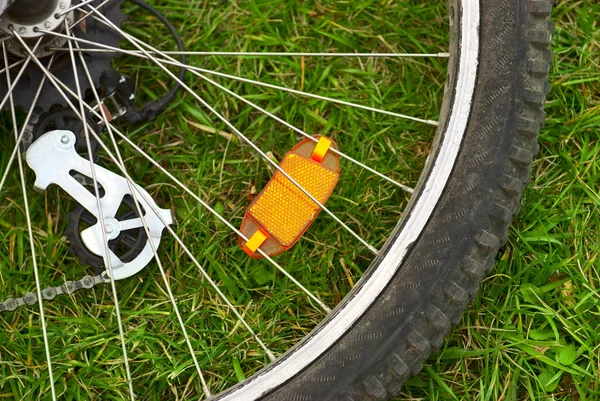 Rear wheel of a bicycle with a reflector, and rates — Stock Photo, Image