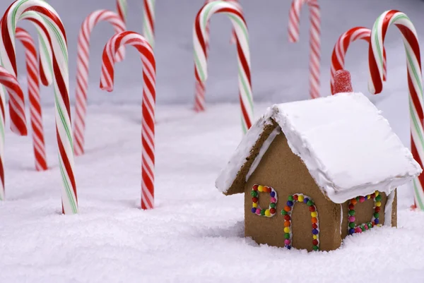 Joulun inkivääri leipä mökki Candy Cane Forest — kuvapankkivalokuva