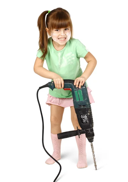 Θυμωμένος παιδί κορίτσι με ηλεκτρικό τρυπάνι — Φωτογραφία Αρχείου