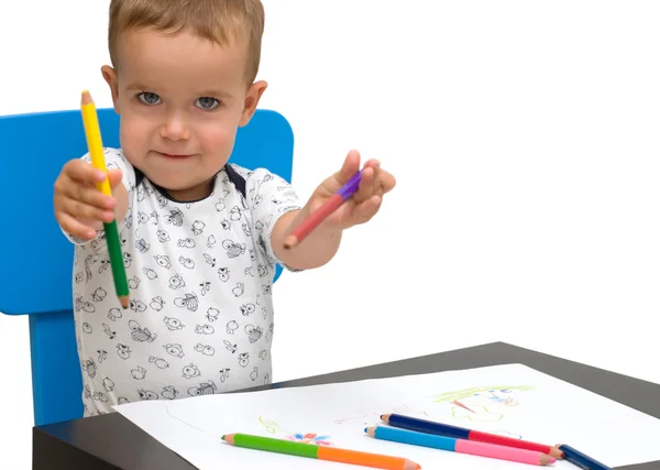 Kleiner Junge und Bleistifte — Stockfoto