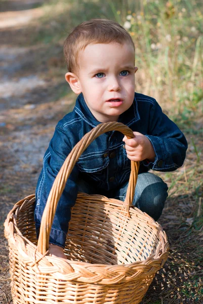 Bonito menino e cesta — Fotografia de Stock