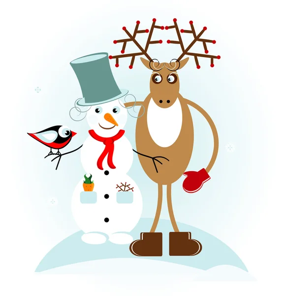 Snowman with deer — Stock Vector