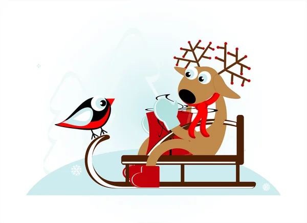 Deer with gift in sleigh — Stock Vector