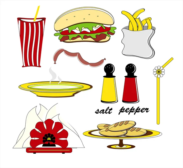 Rychlé občerstvení s hamburgery klobásy hranolky a polévka — Stockový vektor