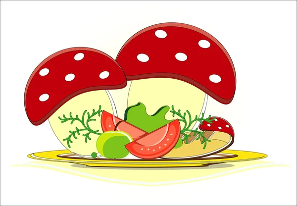 Яйця з помідорами в грибі та овочами на блюді — стоковий вектор