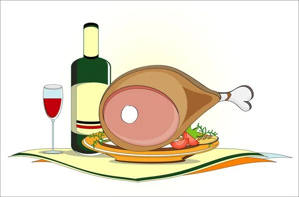 Gammon sur plat avec bouteille de vin et légumes — Image vectorielle