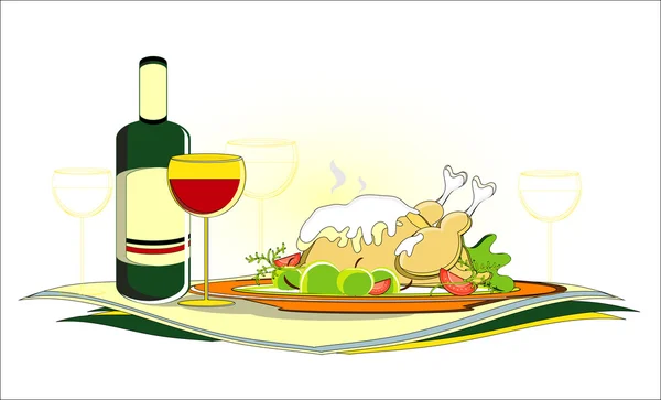 Pollo asado con botella de vino en la mesa servida — Archivo Imágenes Vectoriales