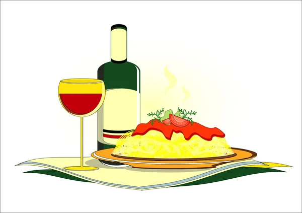 Stock vector Spaghetti with bottle of wine on served table