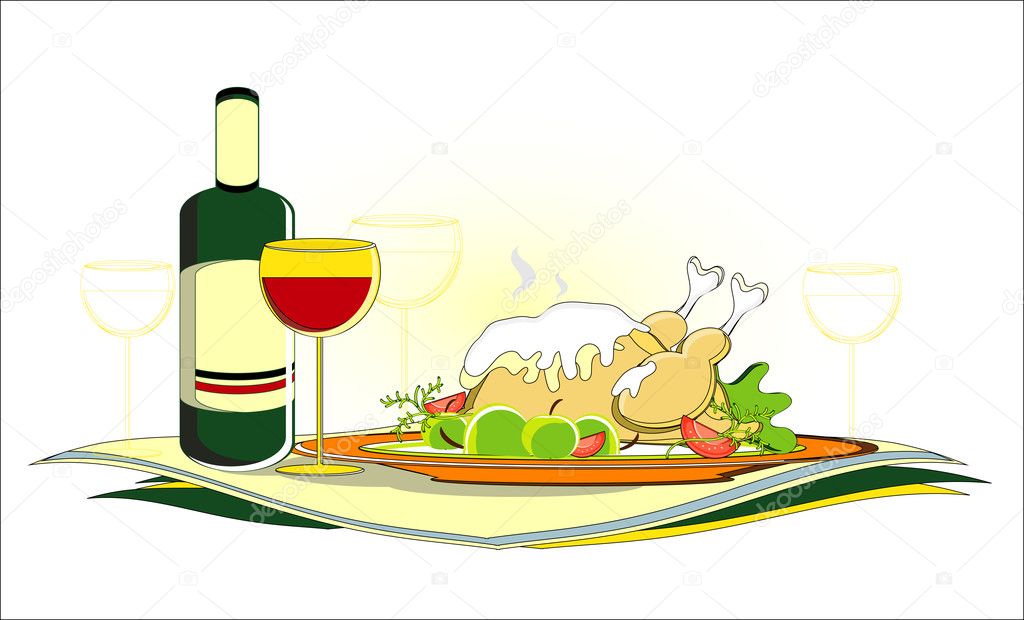 Roast chicken with bottle of wine on served table