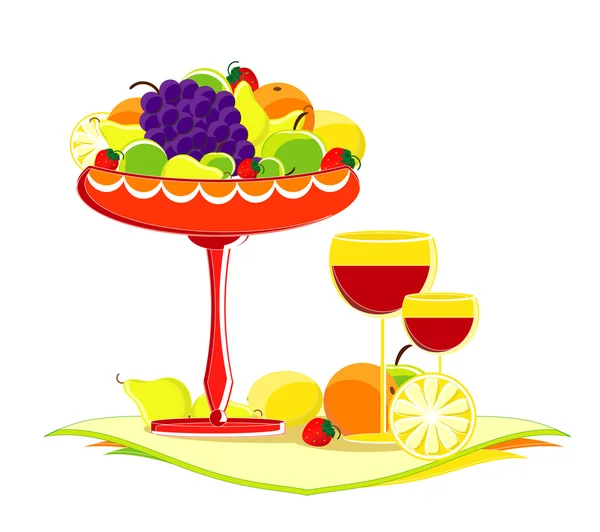 Frukt i vas med glas vin — Stock vektor