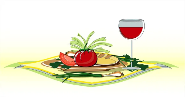 Verduras en plato con copa de vino — Vector de stock