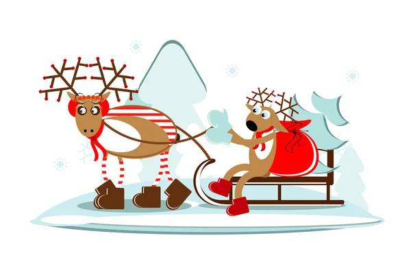 Vánoce jelen na saních s strom a dárek — Stockový vektor