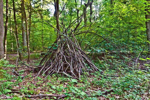 Tenda construída por ramos na floresta por um jardim de infância natureza — Fotografia de Stock