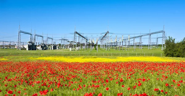 Elektriciteitscentrale in mooie bloem weide — Stockfoto