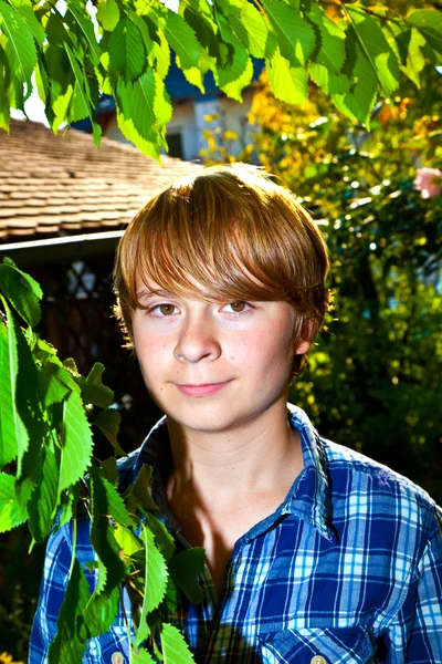 Ritratto di ragazzo carino in foglie — Foto Stock