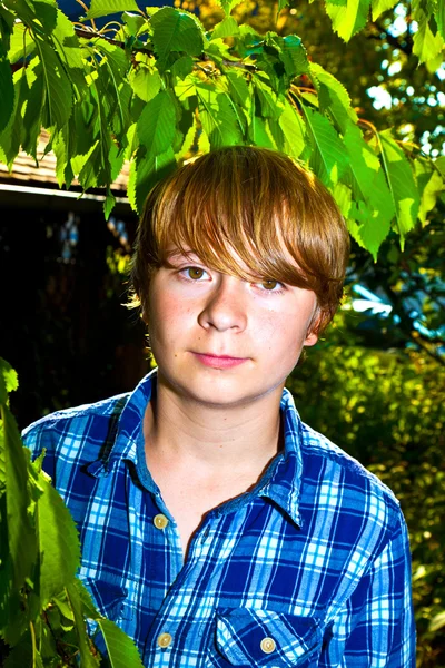 Porträtt av söt pojke i bladen — Stockfoto