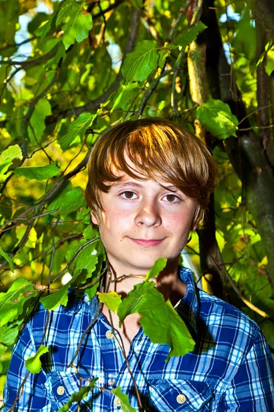 Портрет милого мальчика в листьях — стоковое фото